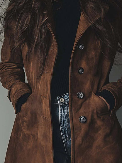 Elegant Suede Longline Coat for Women with Notch Lapel Long Sleeve Button Front Tailored Style