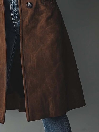 Elegant Suede Longline Coat for Women with Notch Lapel Long Sleeve Button Front Tailored Style