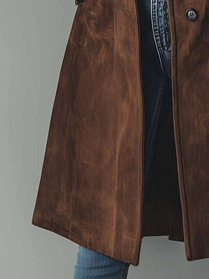 Elegant Suede Longline Coat for Women with Notch Lapel Long Sleeve Button Front Tailored Style