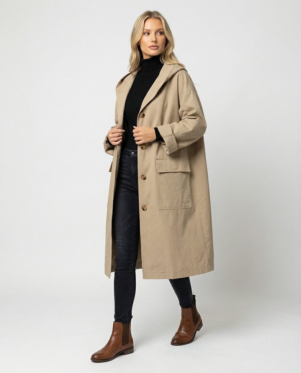 Effortless Cotton Trench Coat for Women with Hooded Long Sleeve Belted Relaxed Style