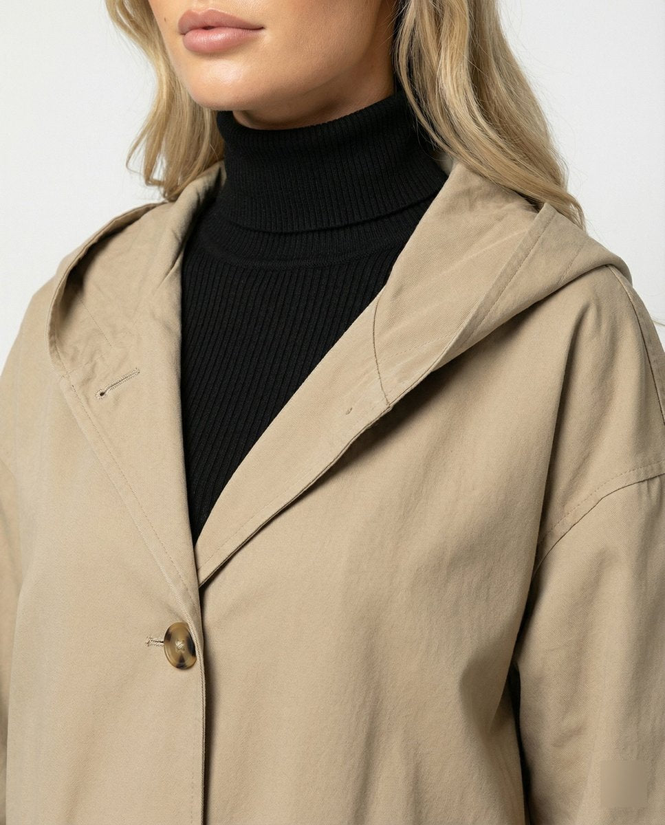 Effortless Cotton Trench Coat for Women with Hooded Long Sleeve Belted Relaxed Style