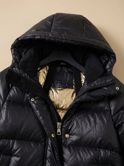 Cozy Black Longline Puffer Coat for Women with Hooded Collar Long Sleeve Glossy Zip Winter Style