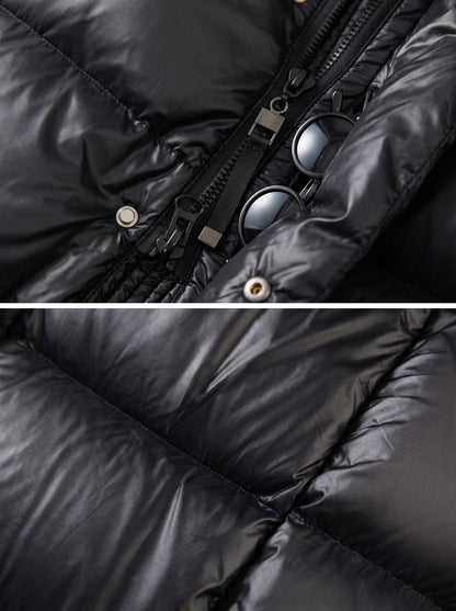 Cozy Black Longline Puffer Coat for Women with Hooded Collar Long Sleeve Glossy Zip Winter Style
