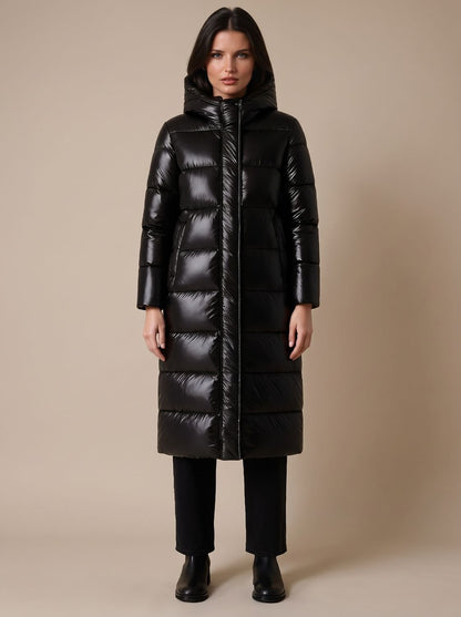 Cozy Black Longline Puffer Coat for Women with Hooded Collar Long Sleeve Glossy Zip Winter Style