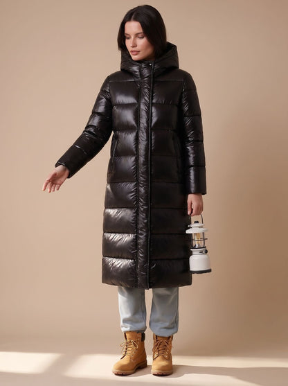 Cozy Black Longline Puffer Coat for Women with Hooded Collar Long Sleeve Glossy Zip Winter Style