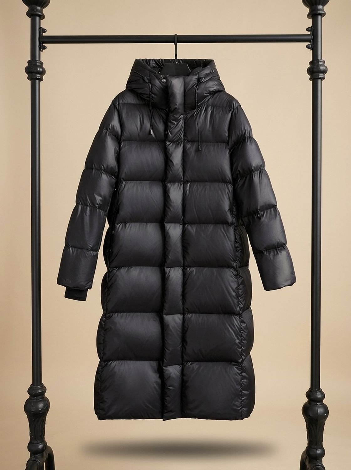 Cozy Black Longline Puffer Coat for Women with Hooded Collar Long Sleeve Glossy Zip Winter Style