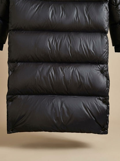 Cozy Black Longline Puffer Coat for Women with Hooded Collar Long Sleeve Glossy Zip Winter Style