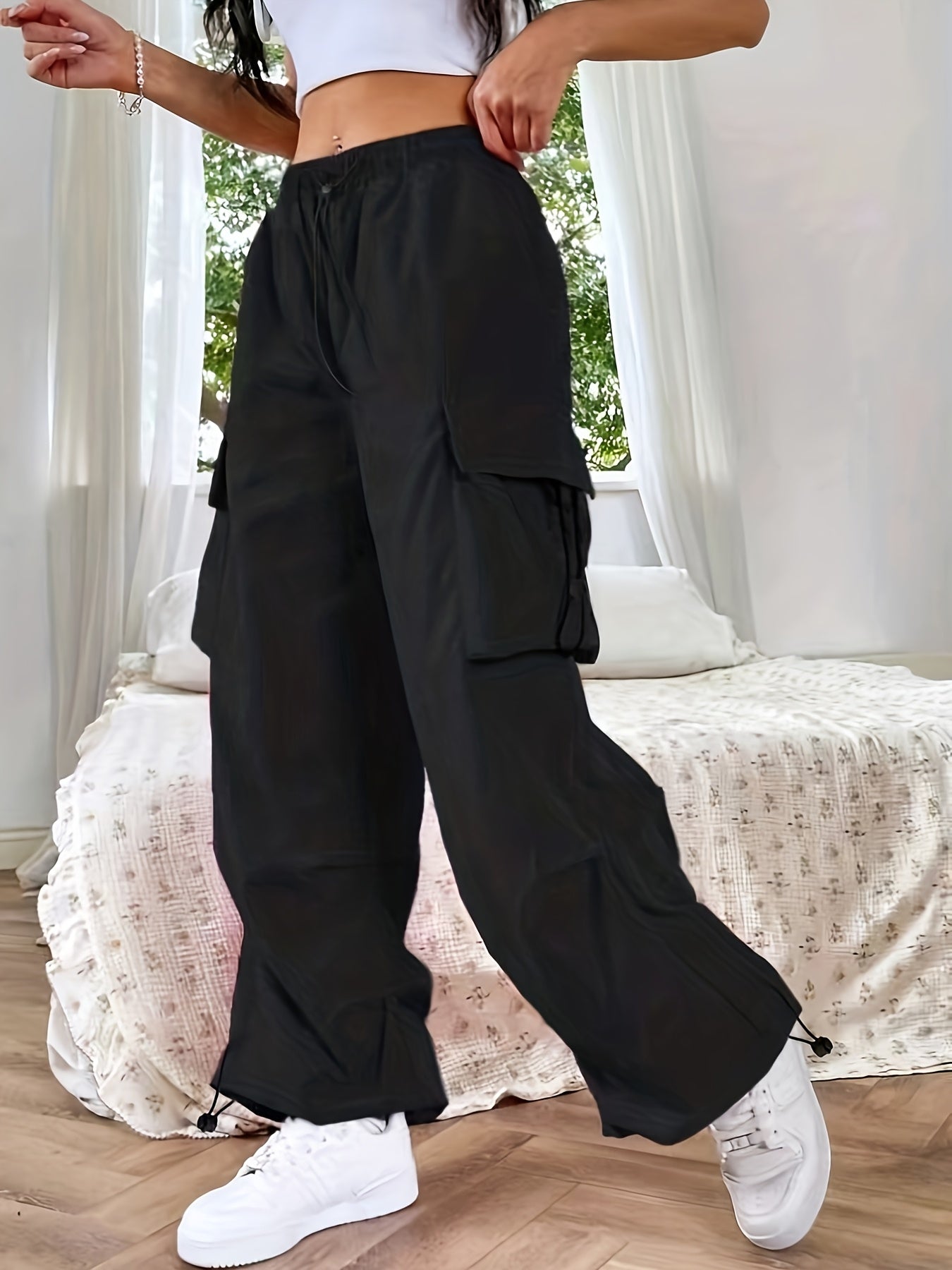 Effortless Cargo Pants for Women with Elastic Waist Wide Leg Pockets Casual Streetwear Style