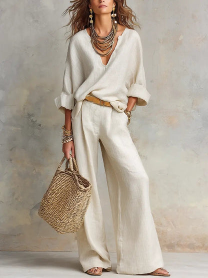 Effortless Wide Leg Set for Women with V Neck Long Sleeve Relaxed Two Piece Style