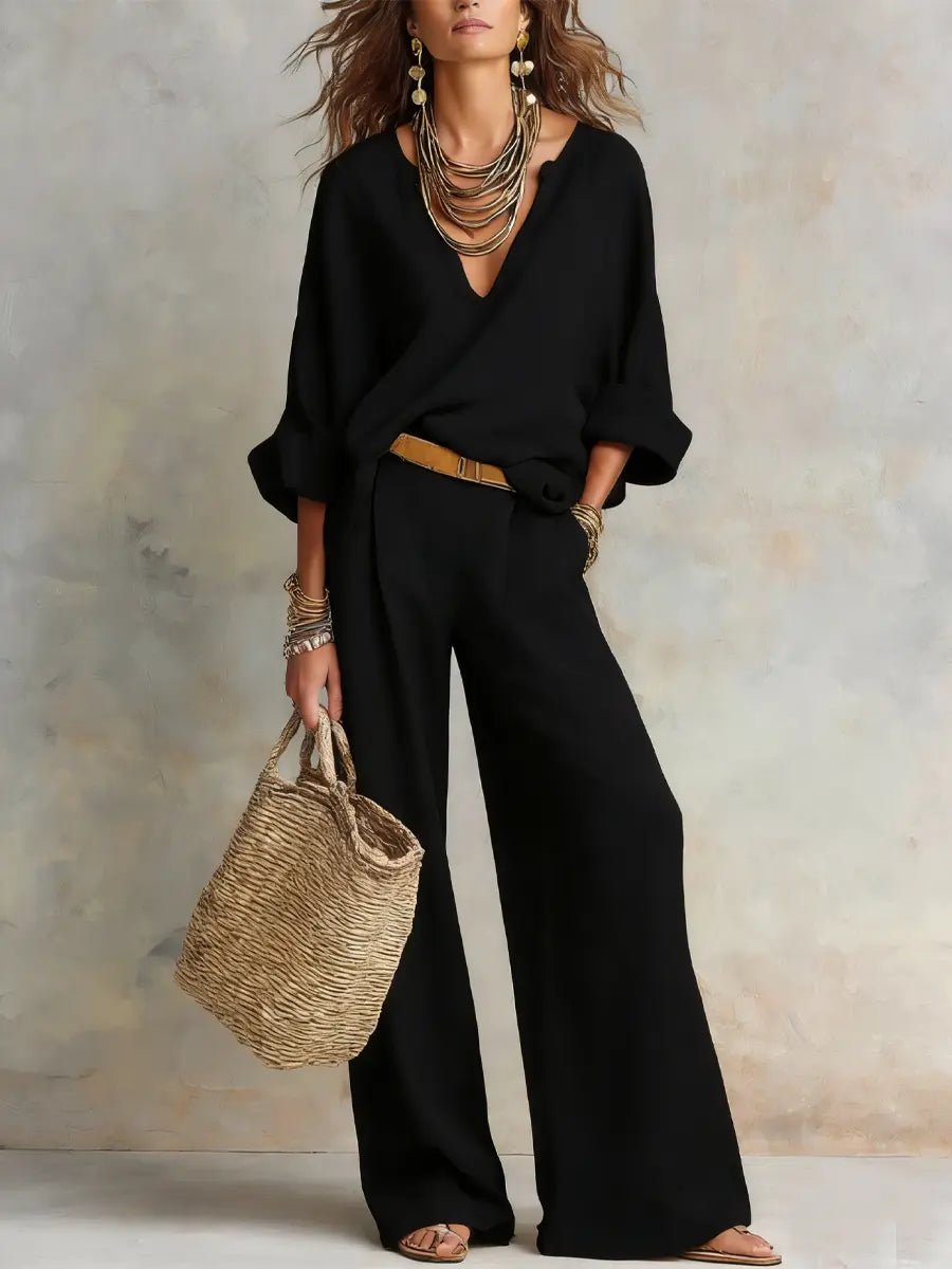Effortless Wide Leg Set for Women with V Neck Long Sleeve Relaxed Two Piece Style