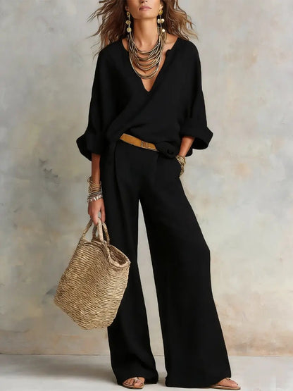 Effortless Wide Leg Set for Women with V Neck Long Sleeve Relaxed Two Piece Style