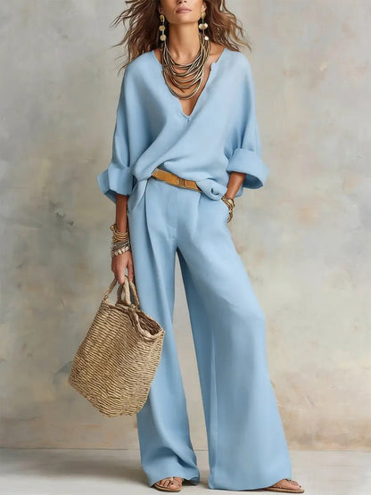 Effortless Wide Leg Set for Women with V Neck Long Sleeve Relaxed Two Piece Style