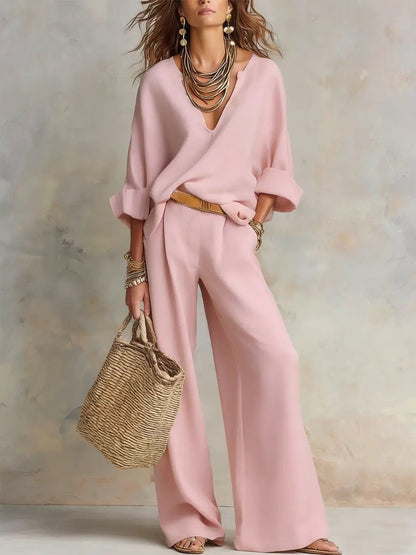 Effortless Wide Leg Set for Women with V Neck Long Sleeve Relaxed Two Piece Style