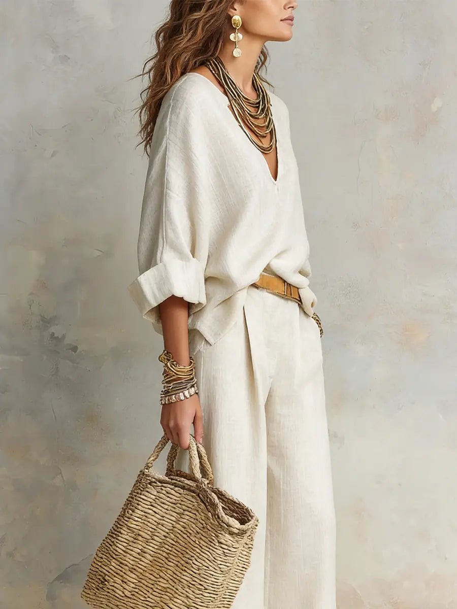 Effortless Wide Leg Set for Women with V Neck Long Sleeve Relaxed Two Piece Style