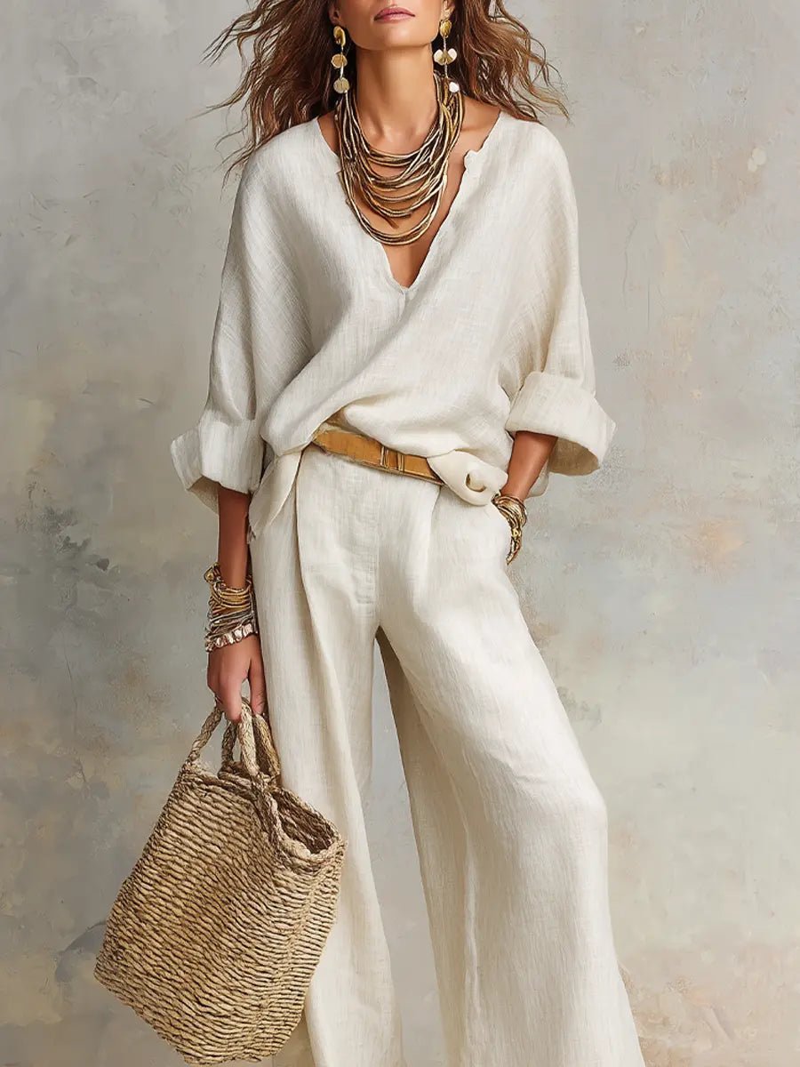 Effortless Wide Leg Set for Women with V Neck Long Sleeve Relaxed Two Piece Style