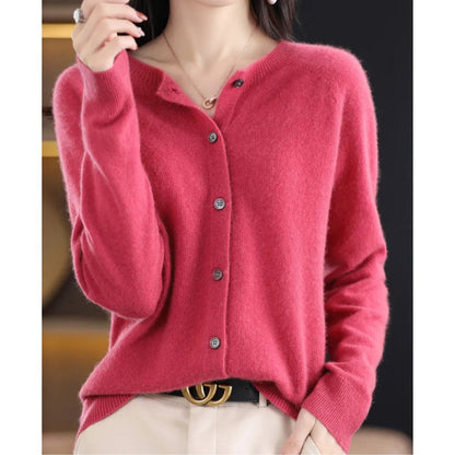 Elegant Pink Cardigan for Women with Round Neck Long Sleeve Merino Wool Button Front Style