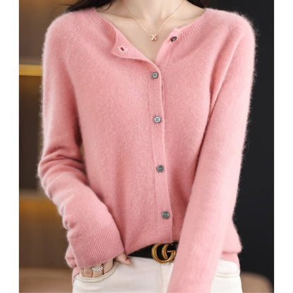 Elegant Pink Cardigan for Women with Round Neck Long Sleeve Merino Wool Button Front Style