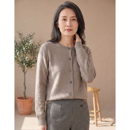 Cozy Purple Cashmere Cardigan Sweater for Women with Round Neck Button Front Long Sleeve Knit Style