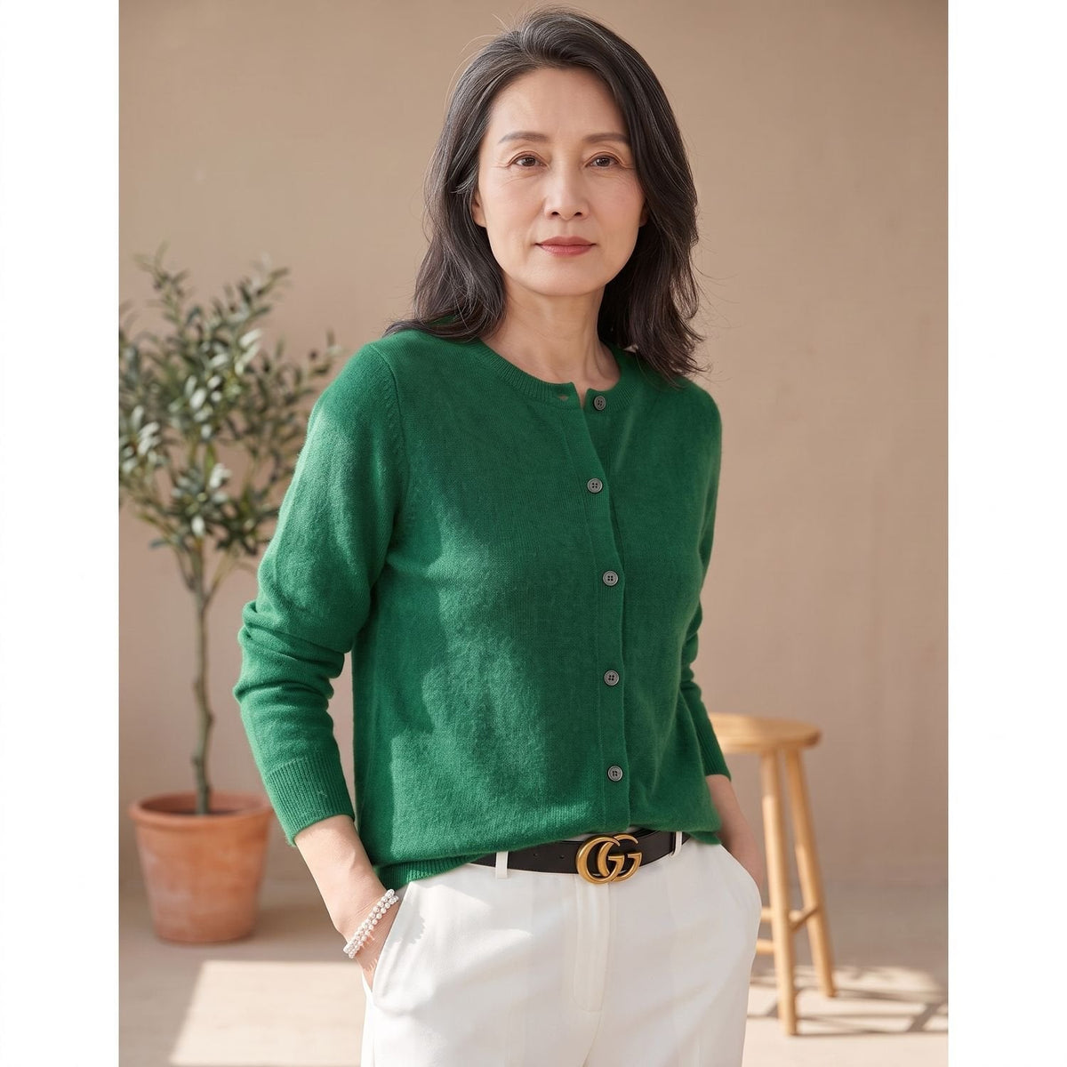Cozy Purple Cashmere Cardigan Sweater for Women with Round Neck Button Front Long Sleeve Knit Style