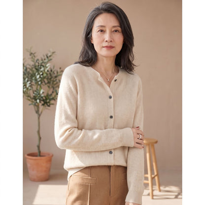Cozy Purple Cashmere Cardigan Sweater for Women with Round Neck Button Front Long Sleeve Knit Style