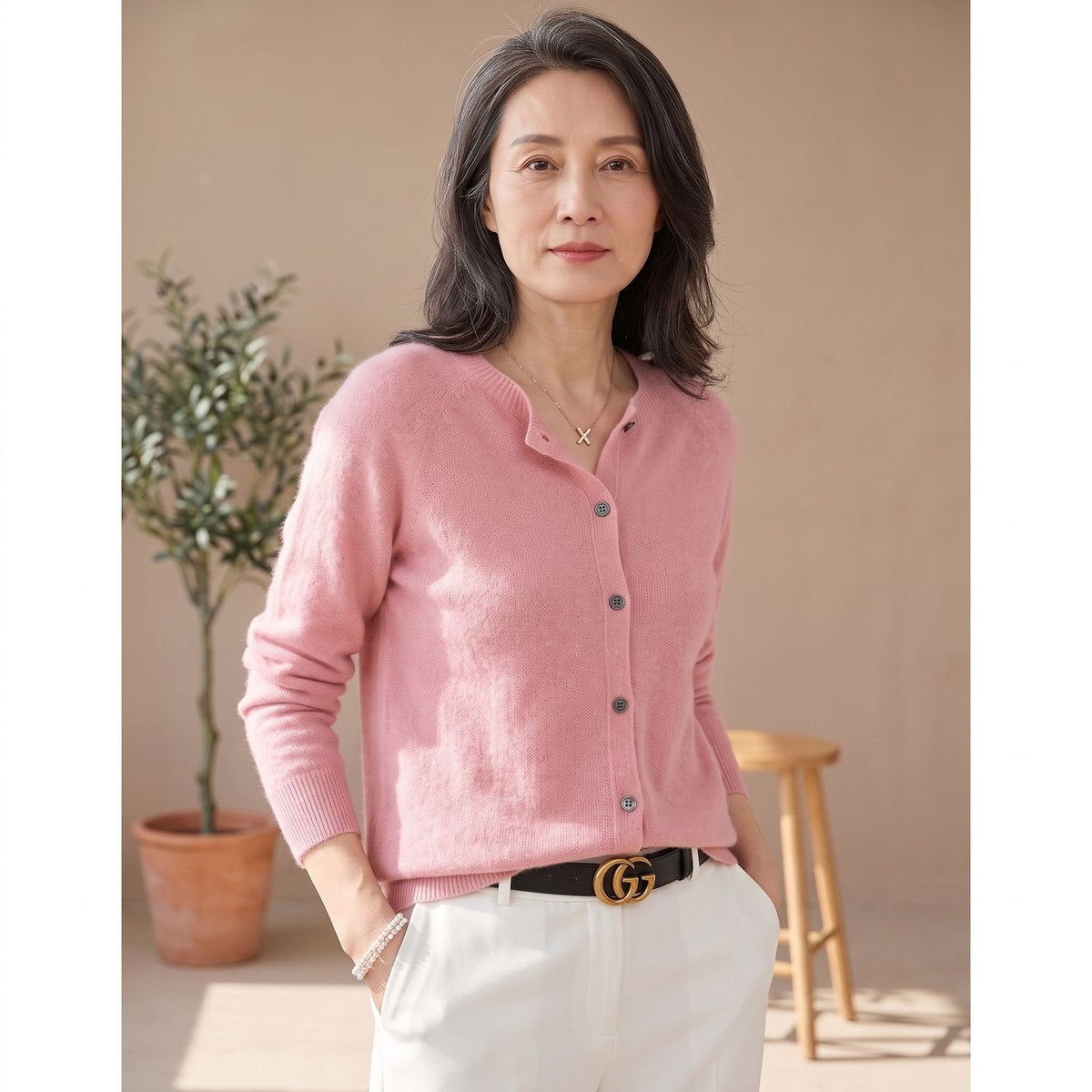 Cozy Purple Cashmere Cardigan Sweater for Women with Round Neck Button Front Long Sleeve Knit Style