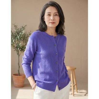 Cozy Purple Cashmere Cardigan Sweater for Women with Round Neck Button Front Long Sleeve Knit Style