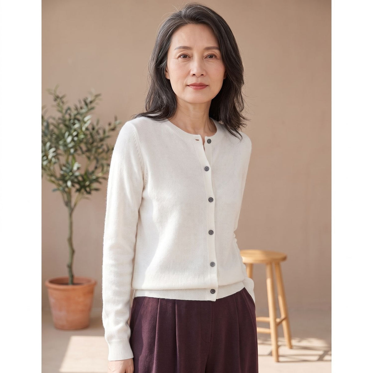 Cozy Purple Cashmere Cardigan Sweater for Women with Round Neck Button Front Long Sleeve Knit Style