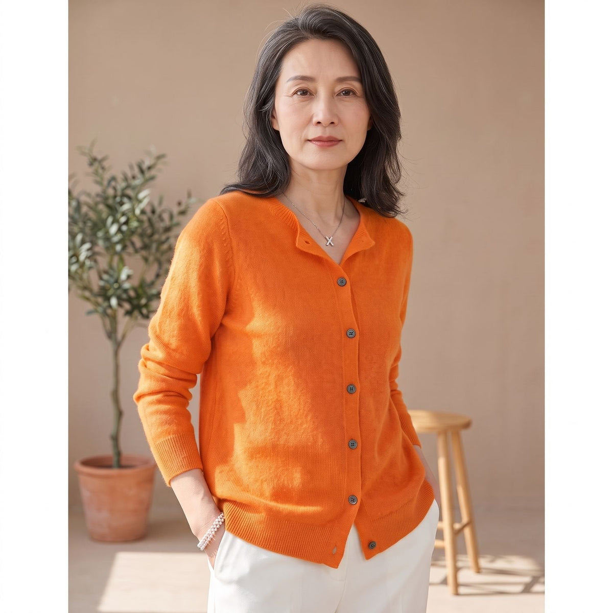 Cozy Purple Cashmere Cardigan Sweater for Women with Round Neck Button Front Long Sleeve Knit Style
