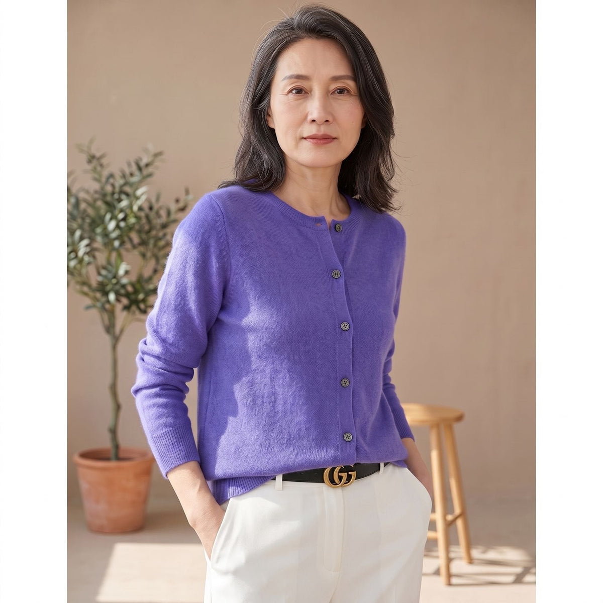 Cozy Purple Cashmere Cardigan Sweater for Women with Round Neck Button Front Long Sleeve Knit Style