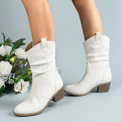 Stylish White Slouch Boots for Women with Round Toe Block Heel Mid Calf Western Style