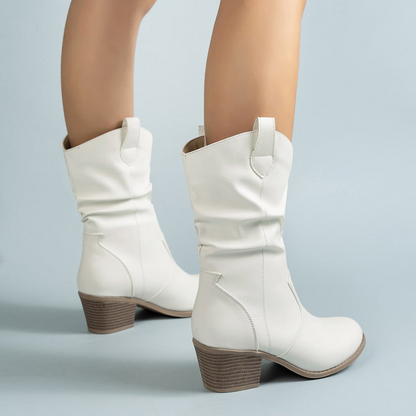 Stylish White Slouch Boots for Women with Round Toe Block Heel Mid Calf Western Style