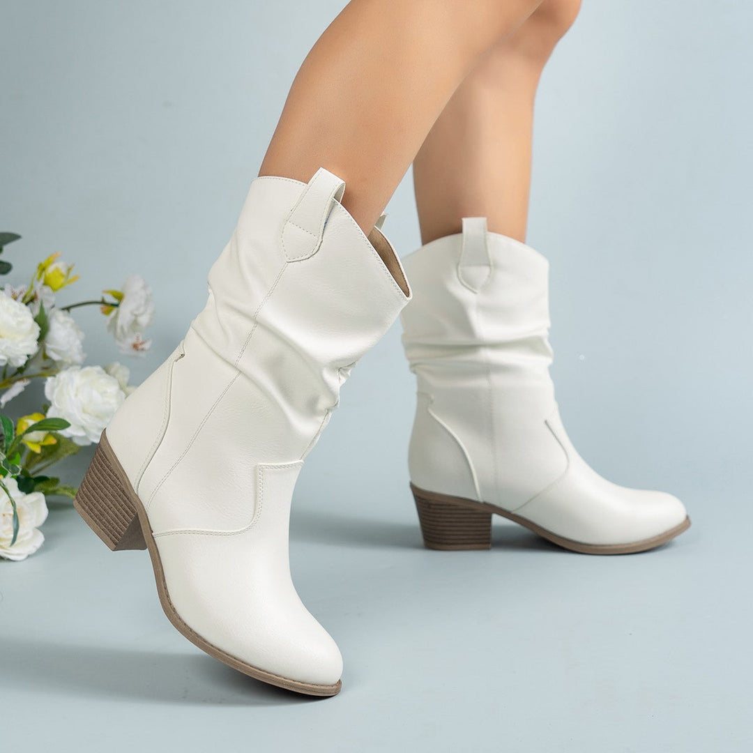 Stylish White Slouch Boots for Women with Round Toe Block Heel Mid Calf Western Style