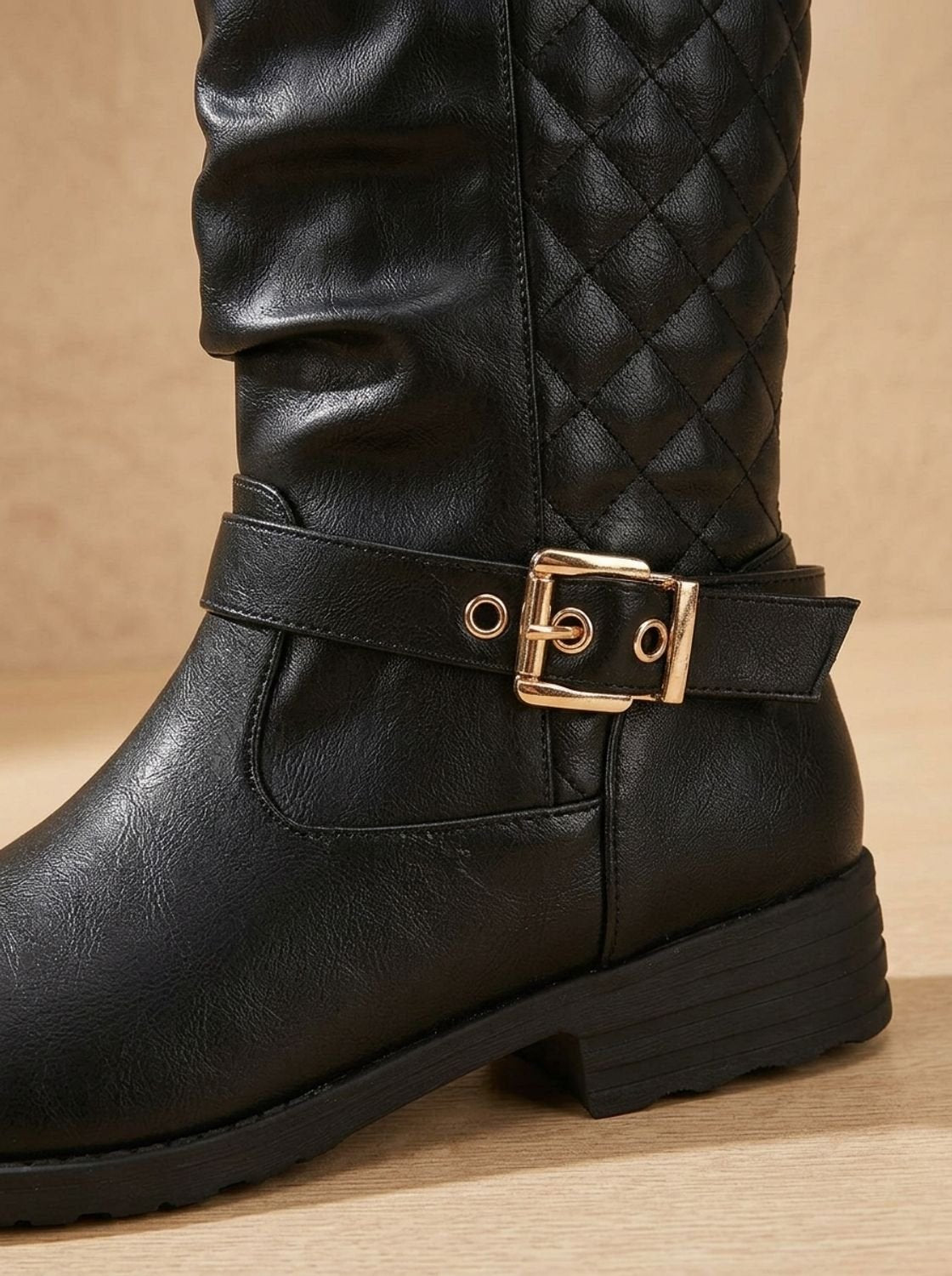 Chic Black Faux Leather Slouch Boots for Women with Buckle Strap Mid-Calf Side-Zip Block Heel Style