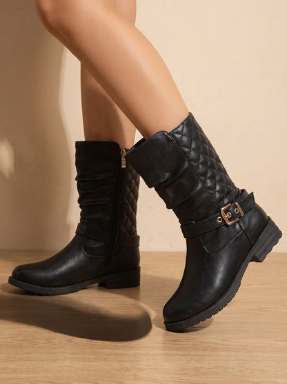 Chic Black Faux Leather Slouch Boots for Women with Buckle Strap Mid-Calf Side-Zip Block Heel Style