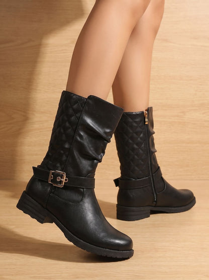 Chic Black Faux Leather Slouch Boots for Women with Buckle Strap Mid-Calf Side-Zip Block Heel Style