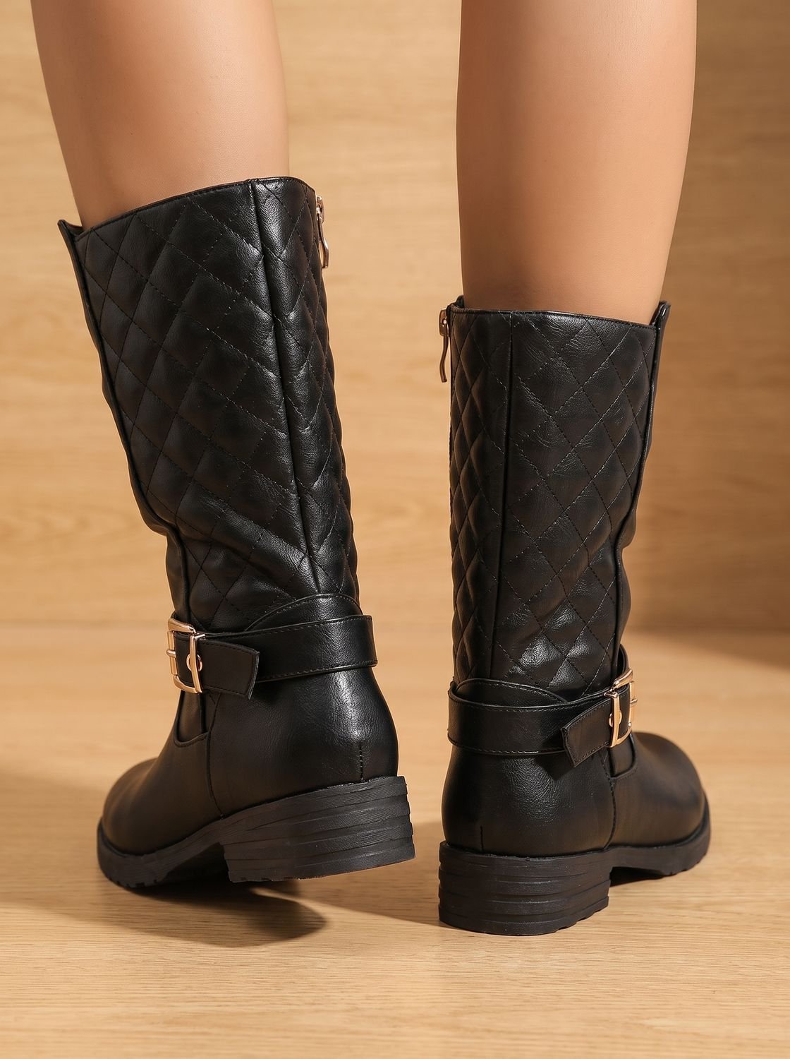 Chic Black Faux Leather Slouch Boots for Women with Buckle Strap Mid-Calf Side-Zip Block Heel Style
