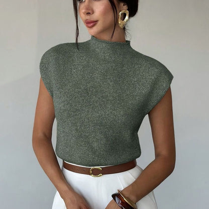Chic Green Sweater Vest for Women with Mock Neck Cap Sleeve Knit Fitted Style