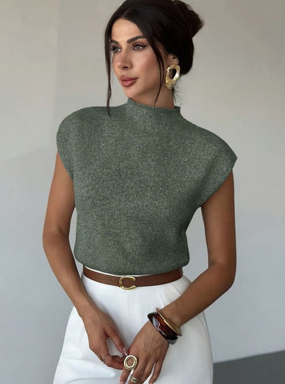 Chic Green Sweater Vest for Women with Mock Neck Cap Sleeve Knit Fitted Style