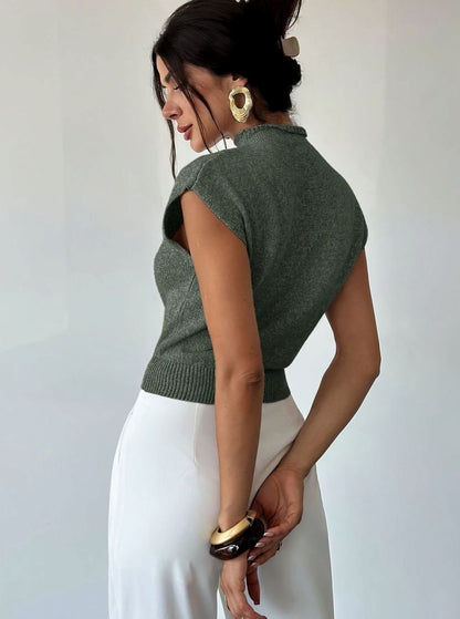 Chic Green Sweater Vest for Women with Mock Neck Cap Sleeve Knit Fitted Style