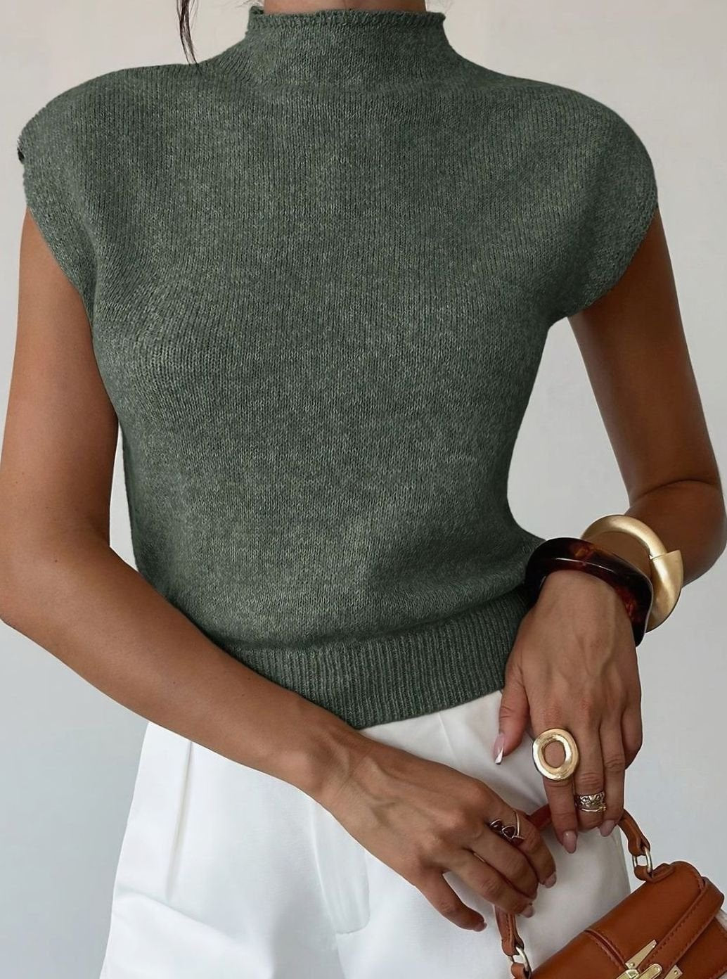 Chic Green Sweater Vest for Women with Mock Neck Cap Sleeve Knit Fitted Style