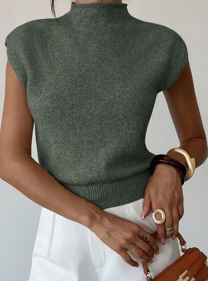 Chic Green Sweater Vest for Women with Mock Neck Cap Sleeve Knit Fitted Style