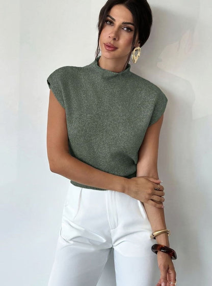 Chic Green Sweater Vest for Women with Mock Neck Cap Sleeve Knit Fitted Style