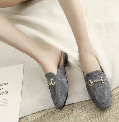 Comfortable Mules for Women with Pointed Toe Chain Buckle Slip On Flat Loafer Style