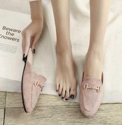 Comfortable Mules for Women with Pointed Toe Chain Buckle Slip On Flat Loafer Style