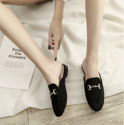 Comfortable Mules for Women with Pointed Toe Chain Buckle Slip On Flat Loafer Style