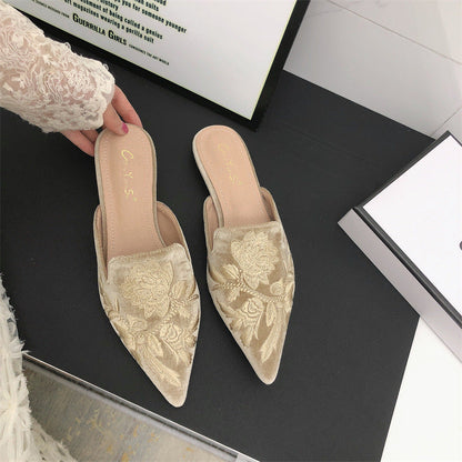 Elegant Mules for Women with Pointed Toe Embroidered Floral Slip On Flat Style