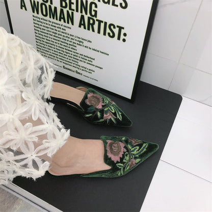 Elegant Mules for Women with Pointed Toe Embroidered Floral Slip On Flat Style