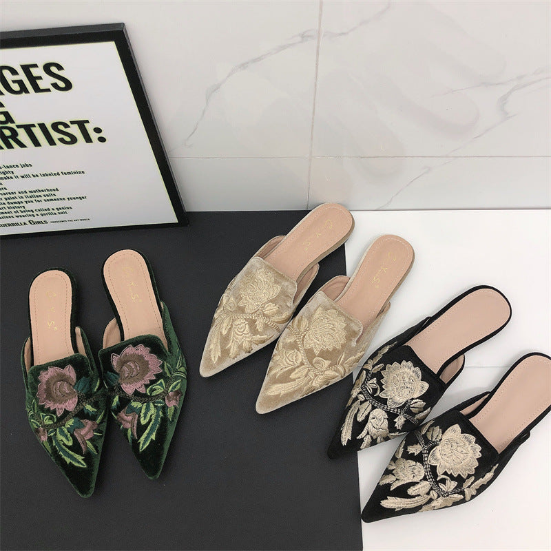 Elegant Mules for Women with Pointed Toe Embroidered Floral Slip On Flat Style
