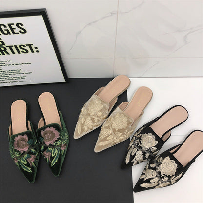 Elegant Mules for Women with Pointed Toe Embroidered Floral Slip On Flat Style