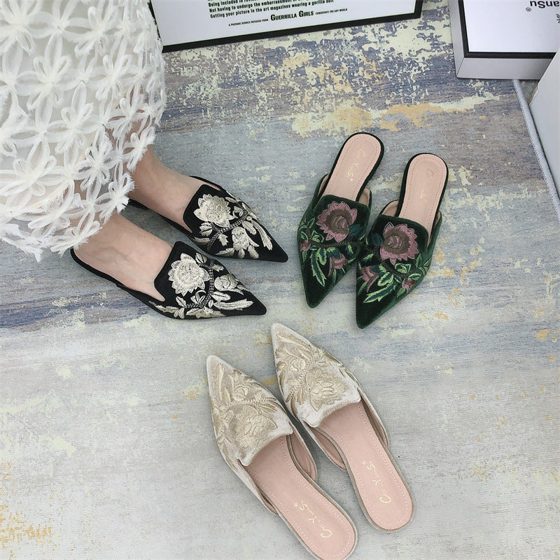 Elegant Mules for Women with Pointed Toe Embroidered Floral Slip On Flat Style